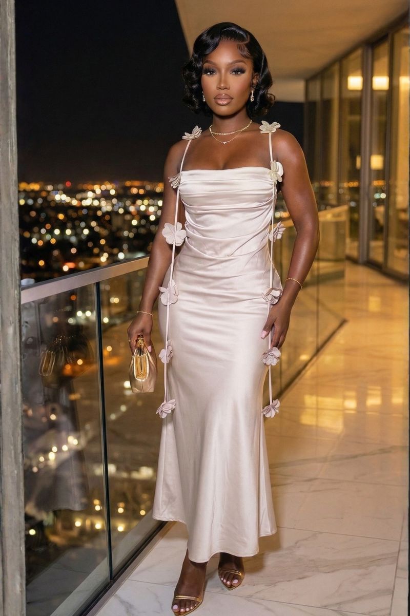 Ciara 3-D Flowers Dress - Beige